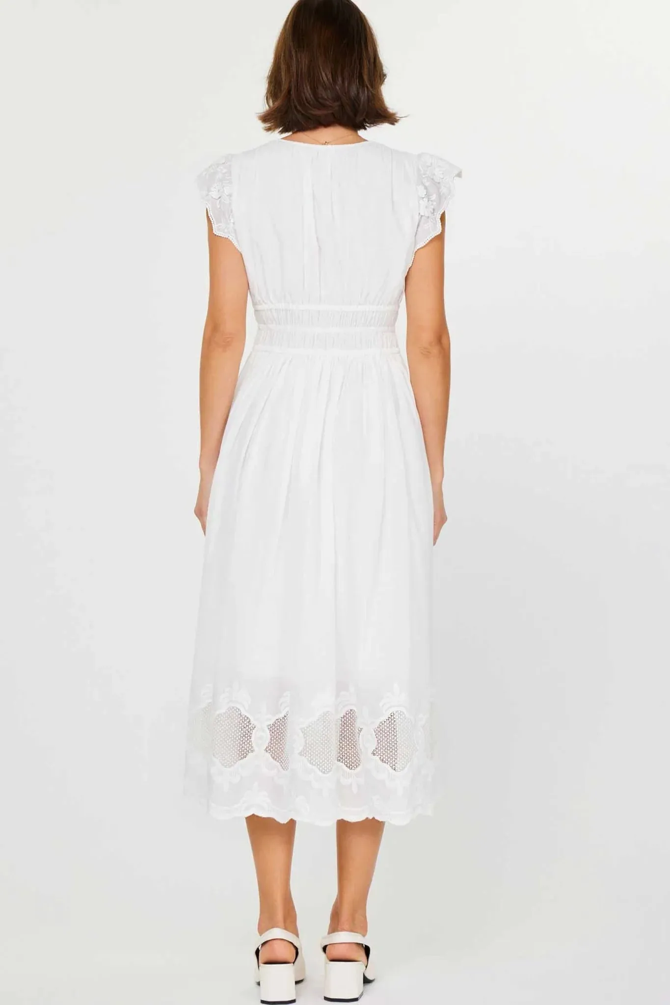 Lela Flutter Sleeve White Midi Dress