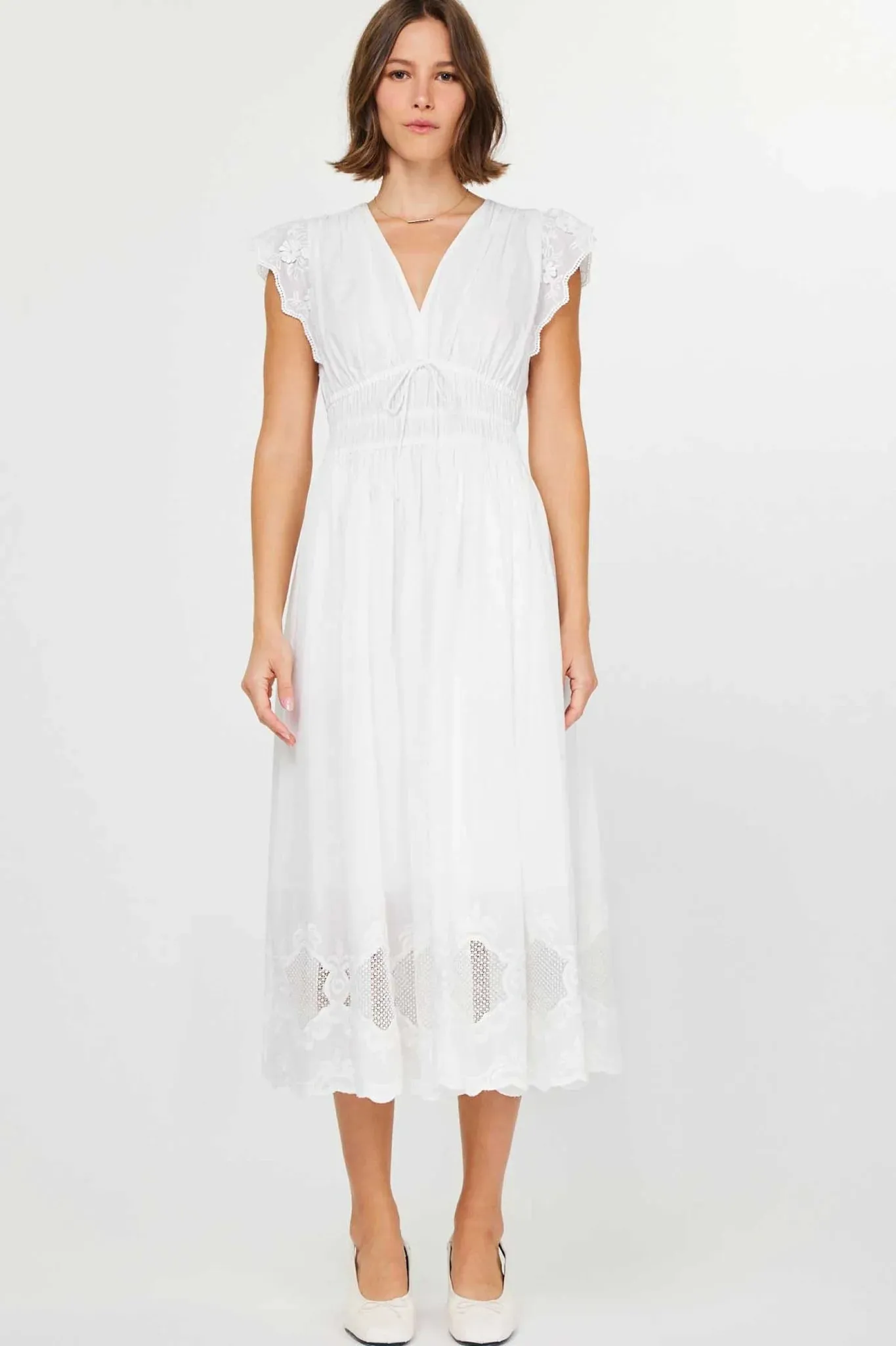 Lela Flutter Sleeve White Midi Dress