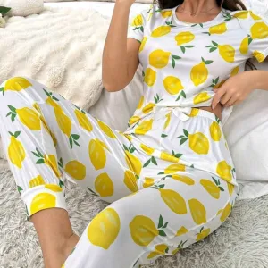 Lemon Printed Women's Short Sleeve Long Pants Pajama Set