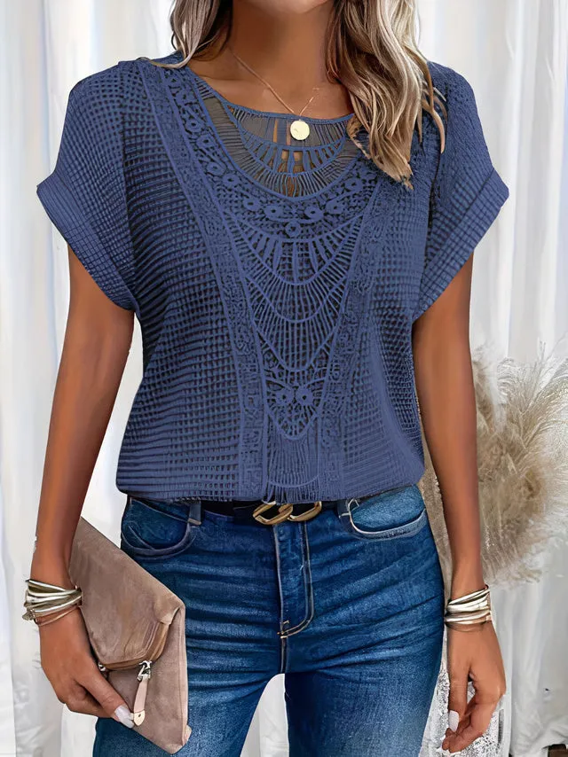 Leonor® | Elegant Women'S Round Neck Shirt With Lace For Summer