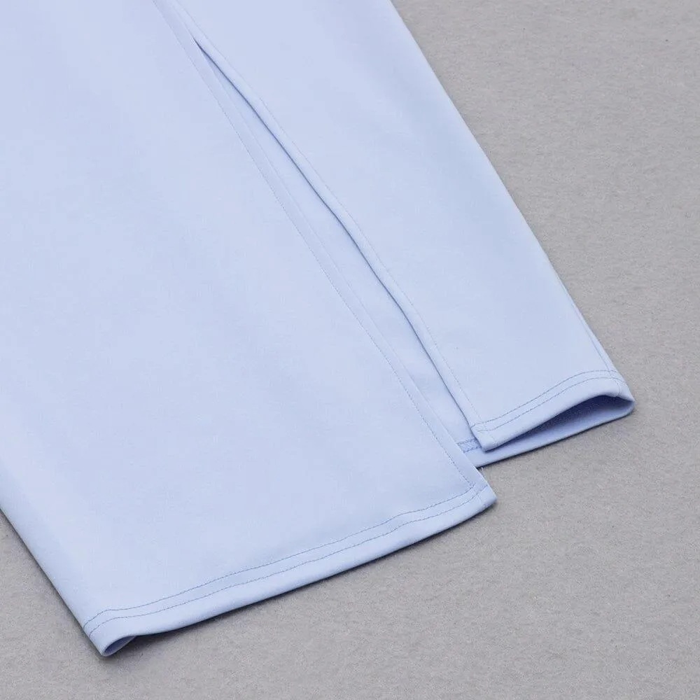 LIGHT BLUE SQUARE-NECK PUFF SLEEVE SIDE HIGH SLIT DRESS