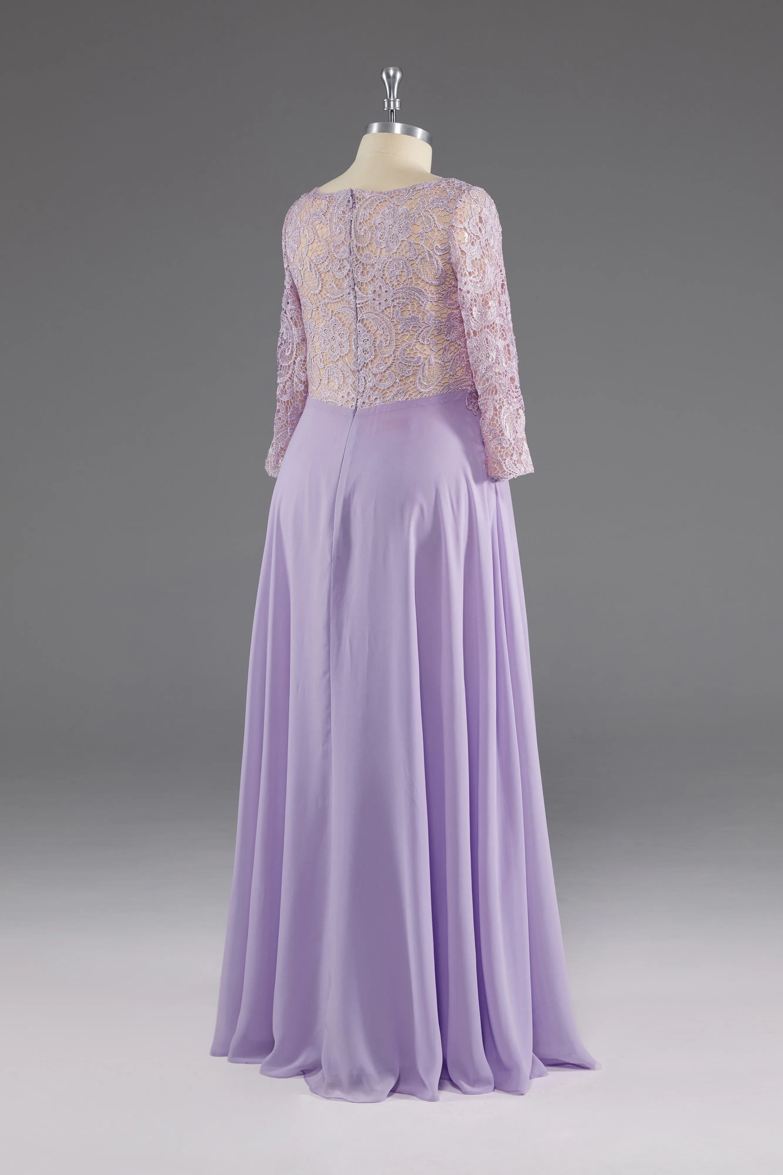 Lilac A-Line 3/4 Sleeves Scoop Lace Prom Dress