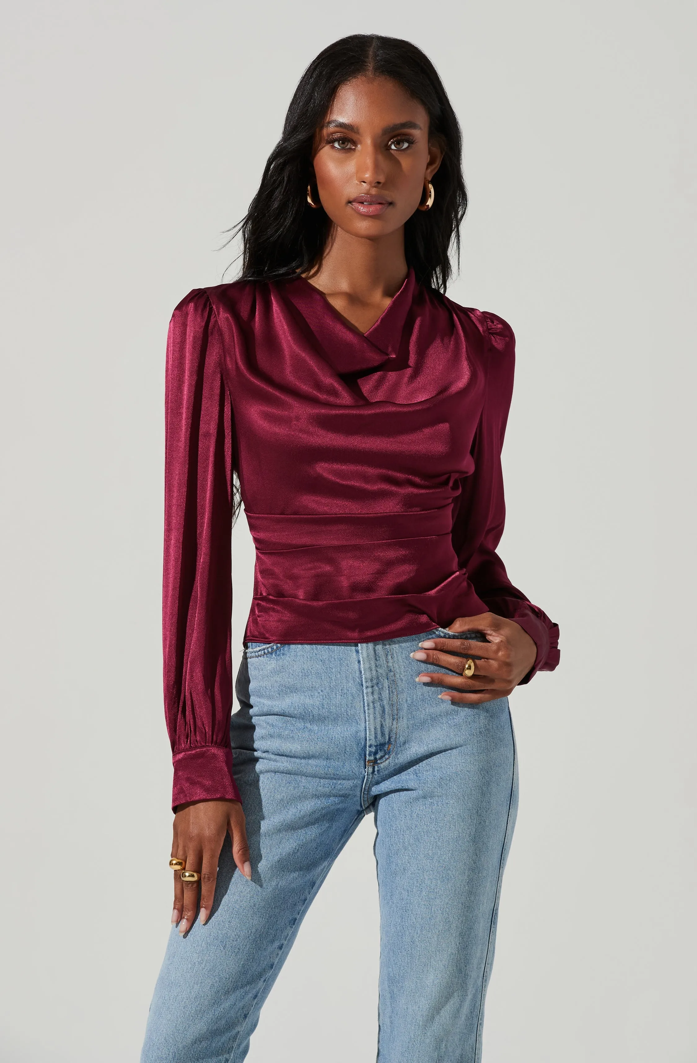 Lilith Satin Cowl Neck Long Sleeve Top