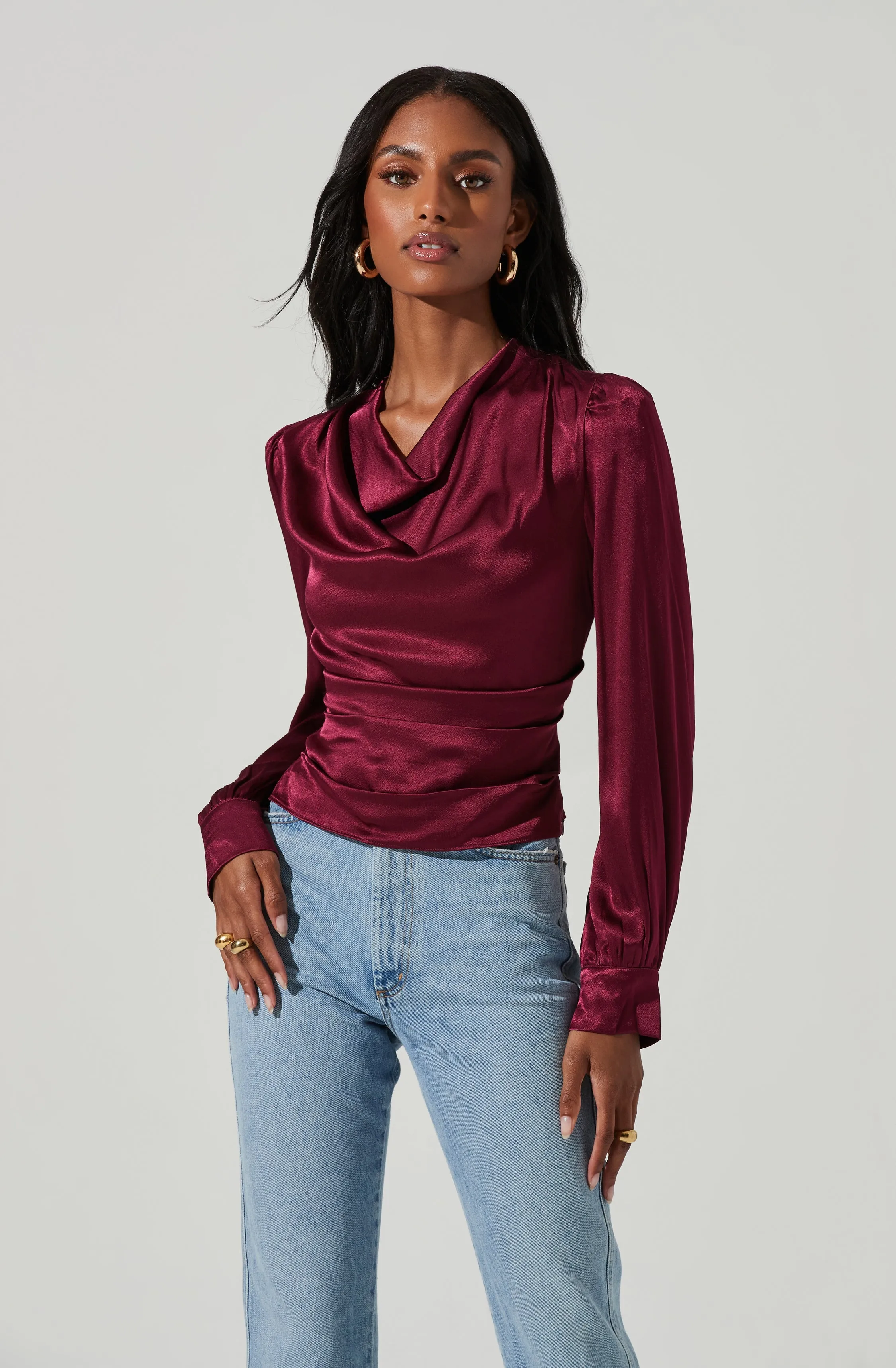 Lilith Satin Cowl Neck Long Sleeve Top