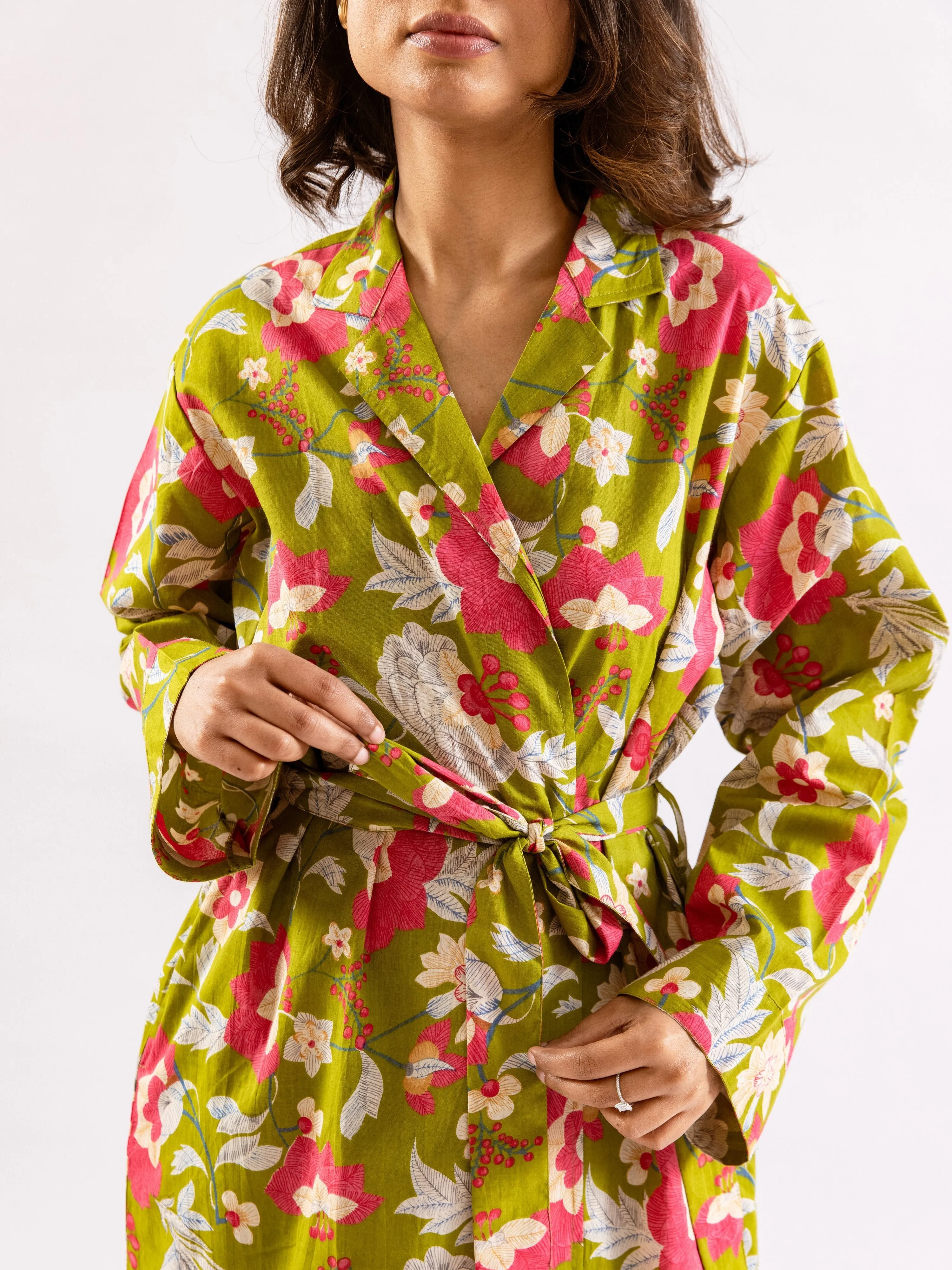 Lime Green Sassy Citrus Pure Cotton V neck Sleepwear Robe Set