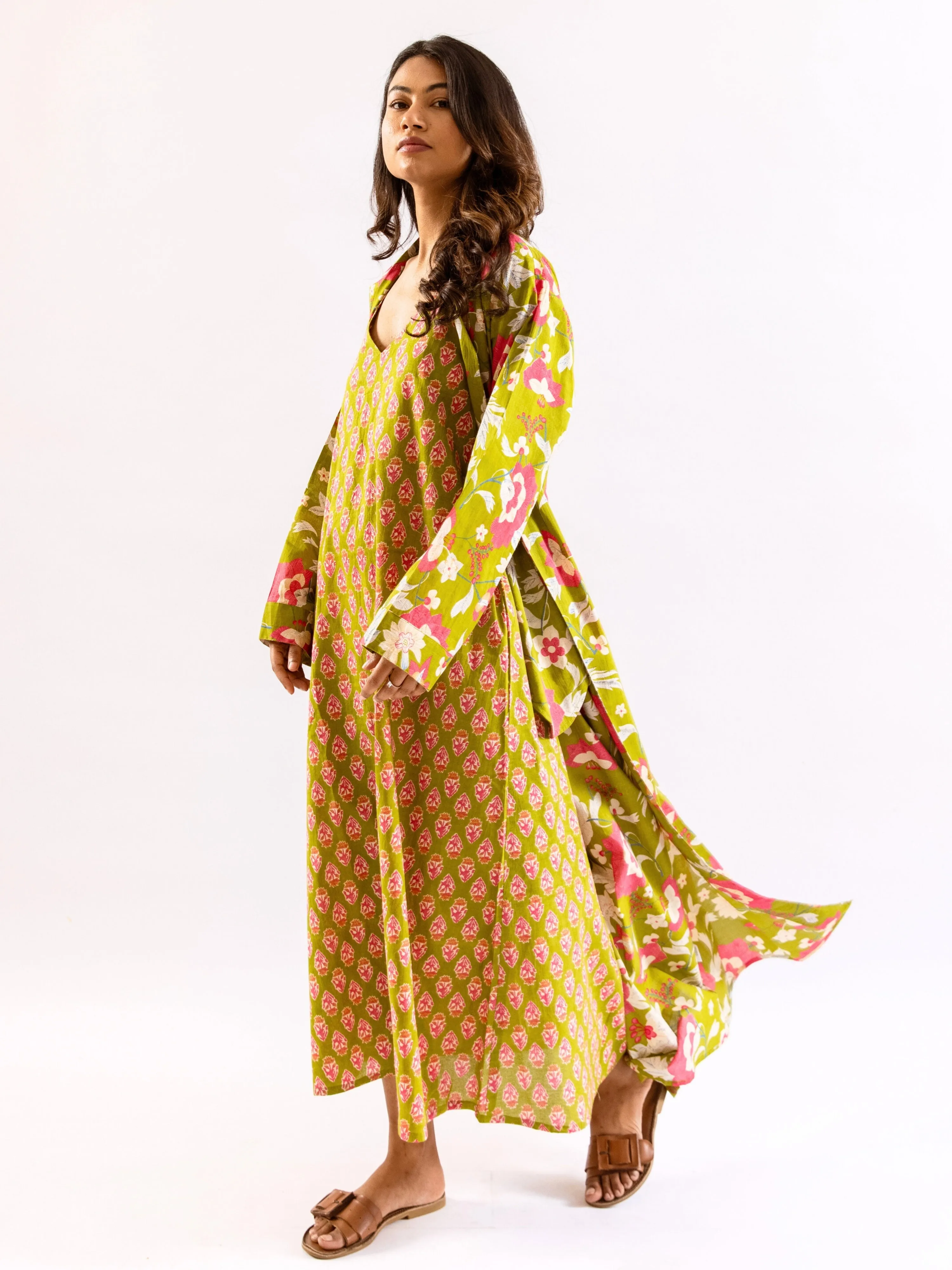 Lime Green Sassy Citrus Pure Cotton V neck Sleepwear Robe Set
