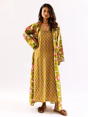 Lime Green Sassy Citrus Pure Cotton V neck Sleepwear Robe Set