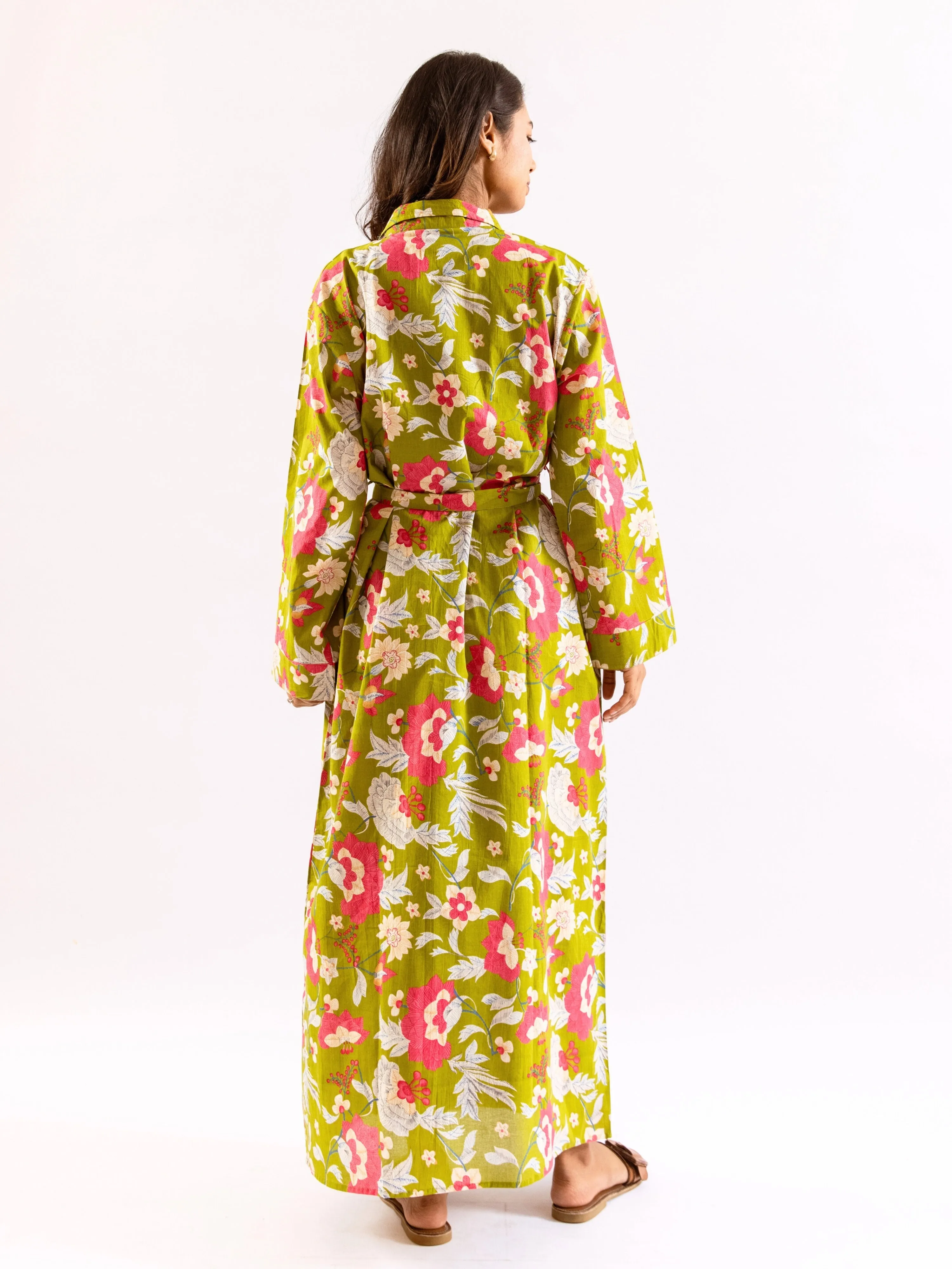 Lime Green Sassy Citrus Pure Cotton V neck Sleepwear Robe Set