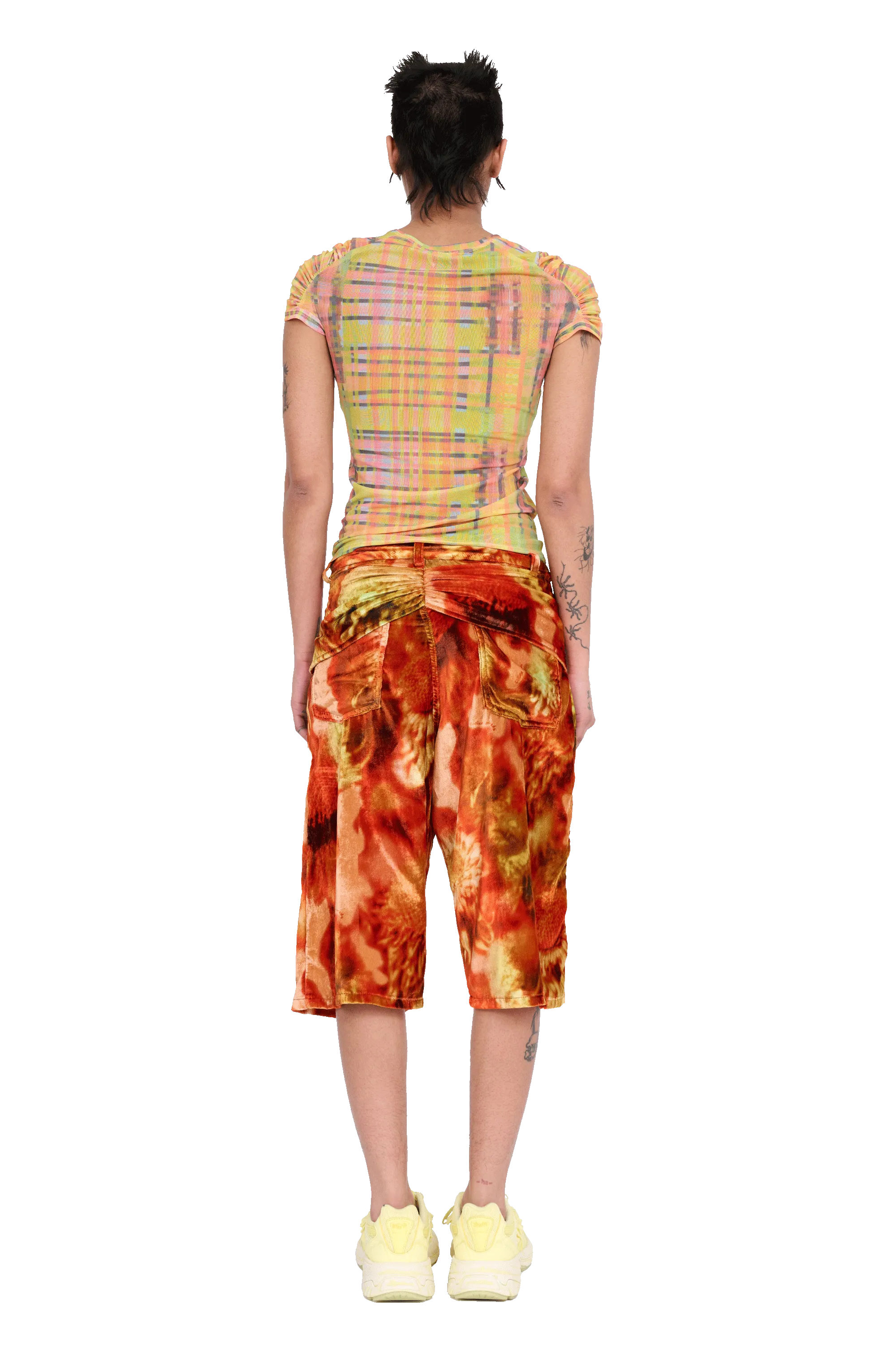 LIME PLAID ARC S/S TOP
