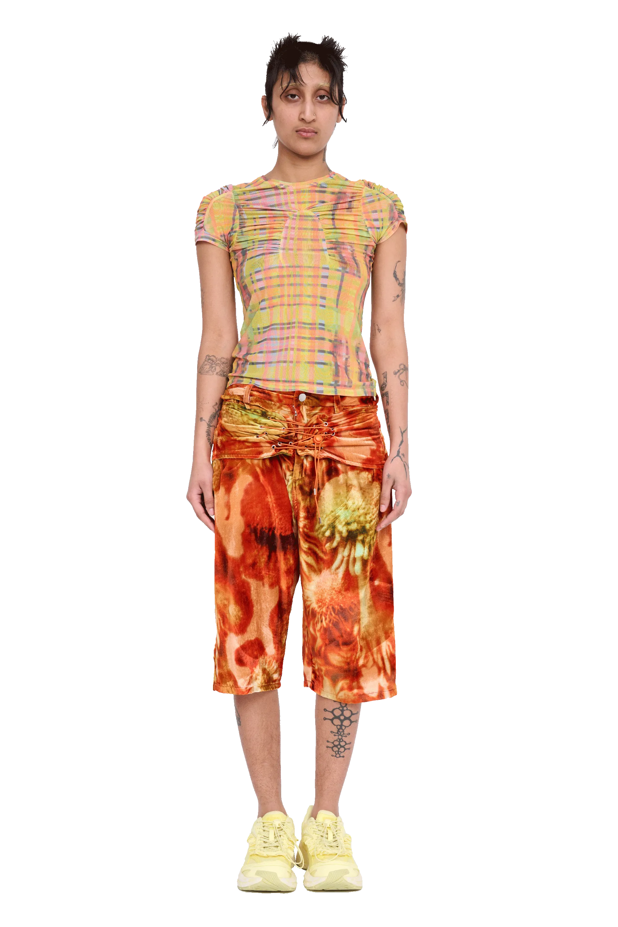 LIME PLAID ARC S/S TOP