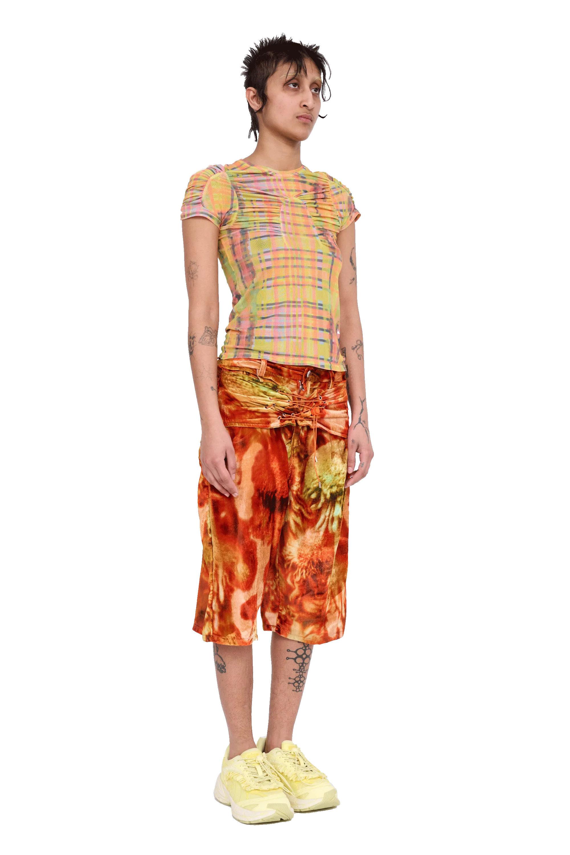 LIME PLAID ARC S/S TOP