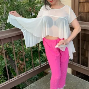 Lingerie--White sheer swing top, cropped front, long sides, rare find, small