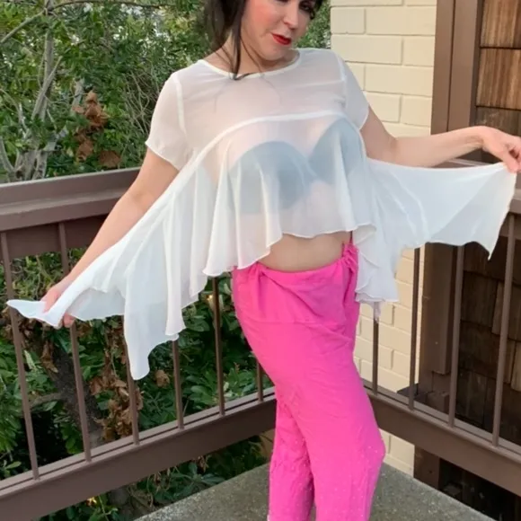 Lingerie--White sheer swing top, cropped front, long sides, rare find, small