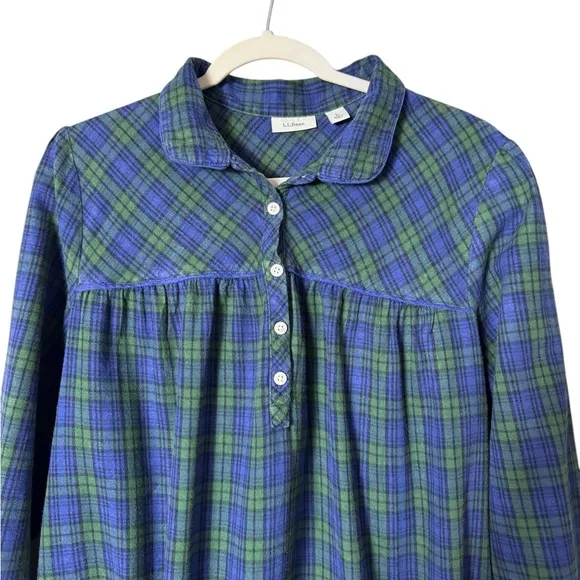 LL Bean Women's Scotch Plaid Flannel Nightgown Large Black Watch Maxi Green Blue