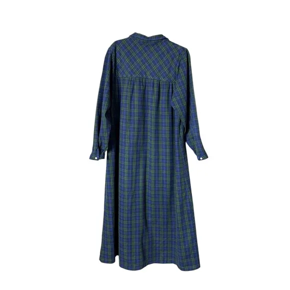 LL Bean Women's Scotch Plaid Flannel Nightgown Large Black Watch Maxi Green Blue