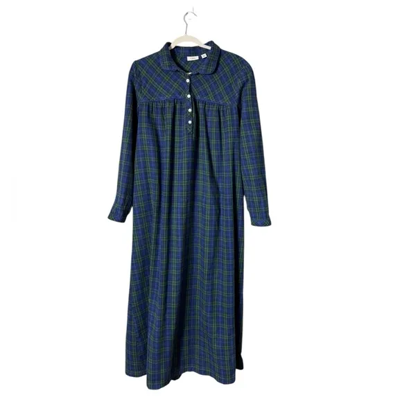 LL Bean Women's Scotch Plaid Flannel Nightgown Large Black Watch Maxi Green Blue