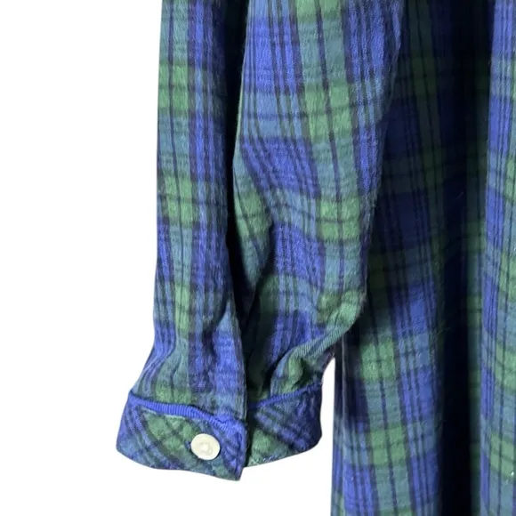 LL Bean Women's Scotch Plaid Flannel Nightgown Large Black Watch Maxi Green Blue