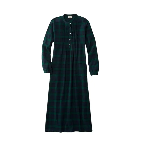 LL Bean Women's Scotch Plaid Flannel Nightgown Large Black Watch Maxi Green Blue