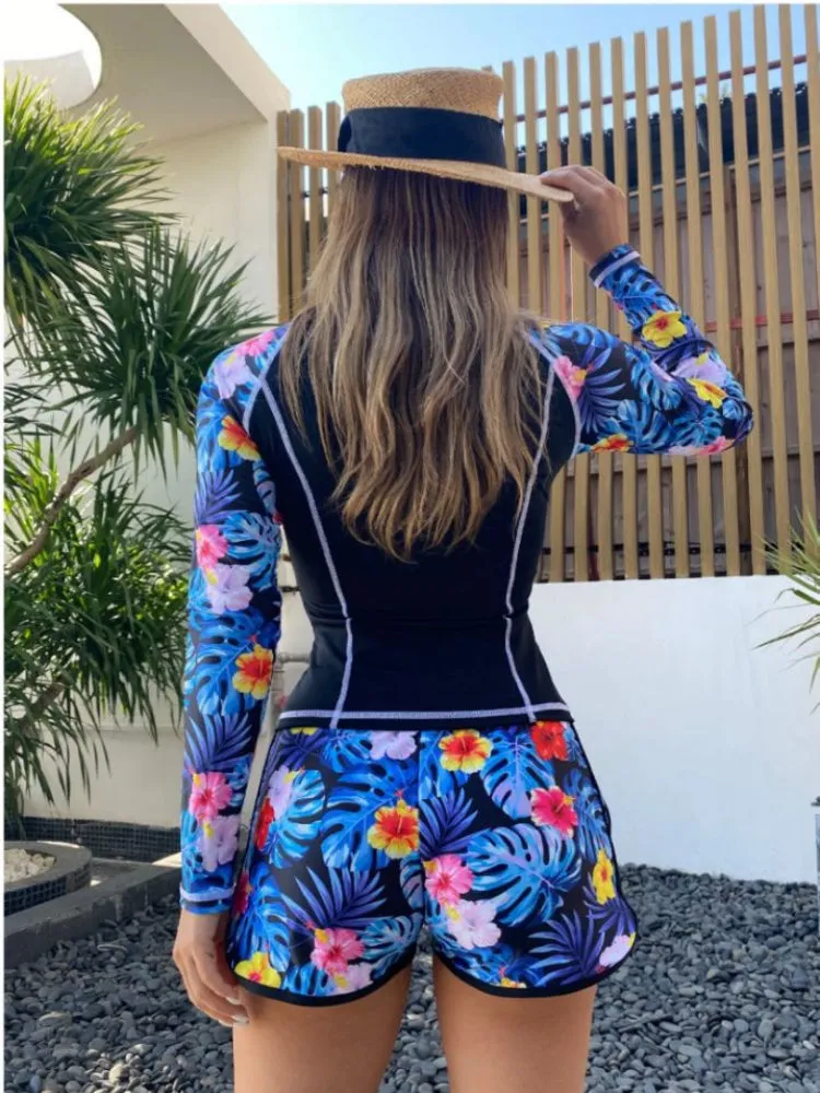Long Sleeve Floral High Waist Sport Swimwear Sets