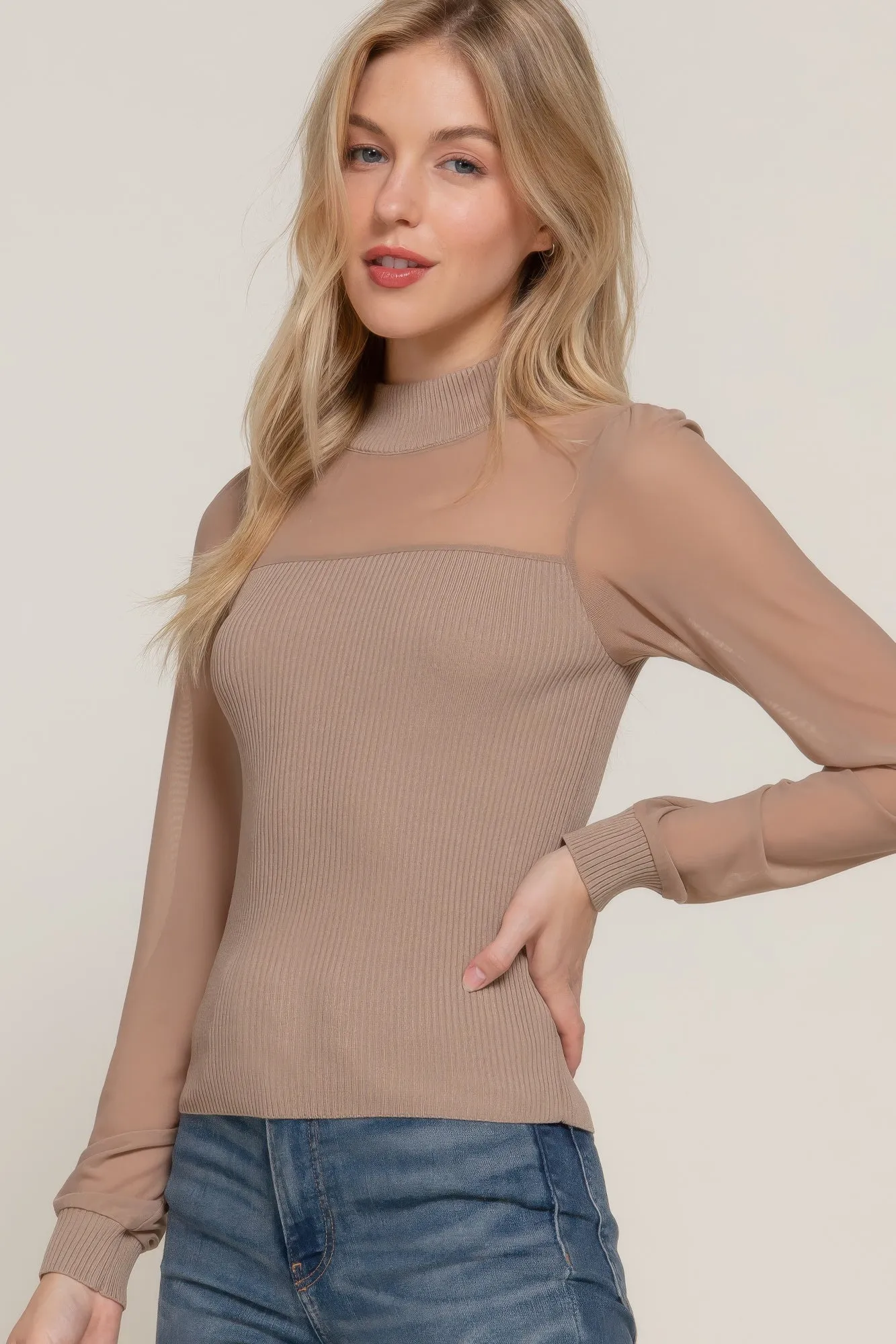 Long Sleeve Mesh Panel Detail Sweater Top
