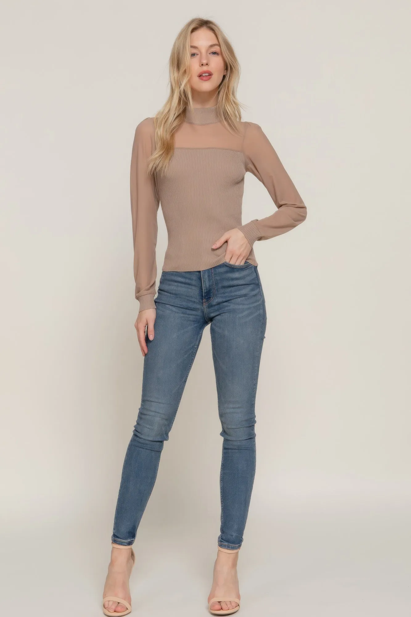 Long Sleeve Mesh Panel Detail Sweater Top