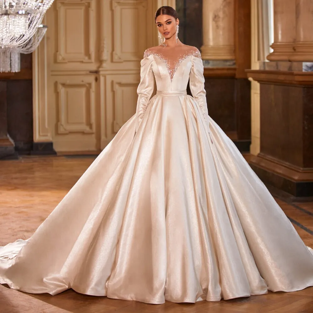 Long Sleeve Satin Wedding Dress Beading Pearls Back Mariage Bride Gown
