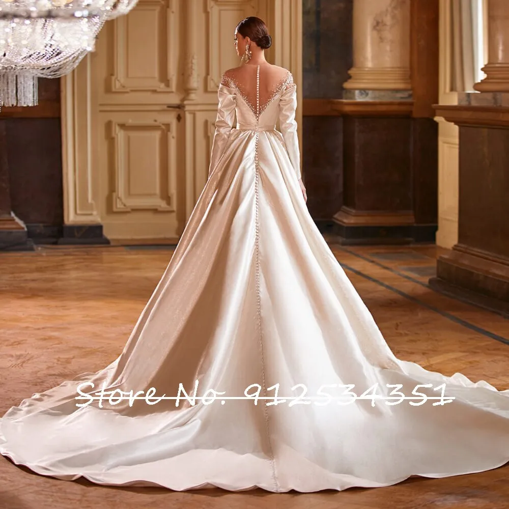 Long Sleeve Satin Wedding Dress Beading Pearls Back Mariage Bride Gown