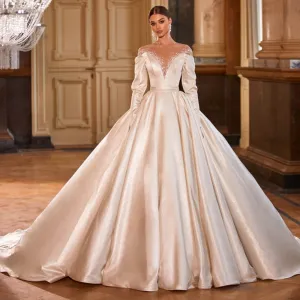 Long Sleeve Satin Wedding Dress Beading Pearls Back Mariage Bride Gown