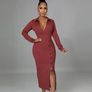 Long Sleeve V-Neck Bodycon Dress with Button Detailing and Front Slit, High Waist - Polyester/Fiber Blend