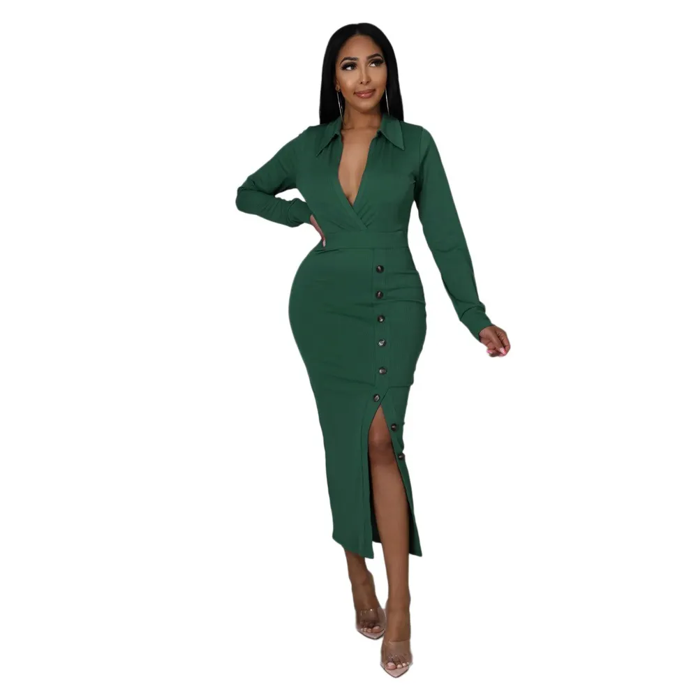 Long Sleeve V-Neck Bodycon Dress with Button Detailing and Front Slit, High Waist - Polyester/Fiber Blend