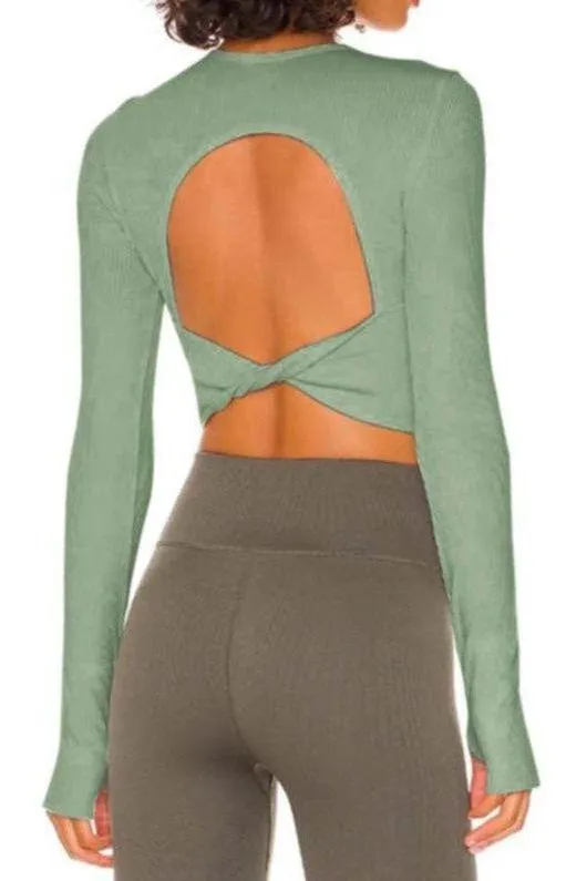 long-sleeved threaded yoga belt chest pad top