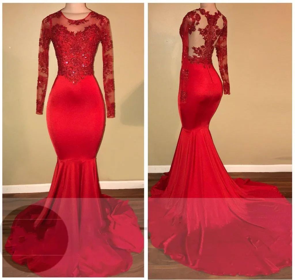 Long-Sleeves Appliques Red Mermaid Prom Dresses 2024