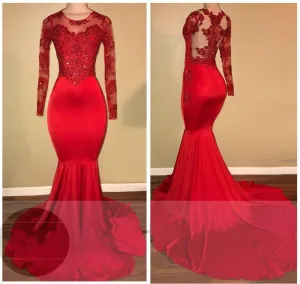 Long-Sleeves Appliques Red Mermaid Prom Dresses 2024