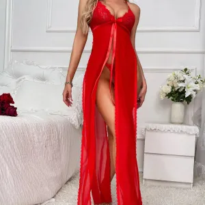 Long Split Red Babydoll Lingerie Set