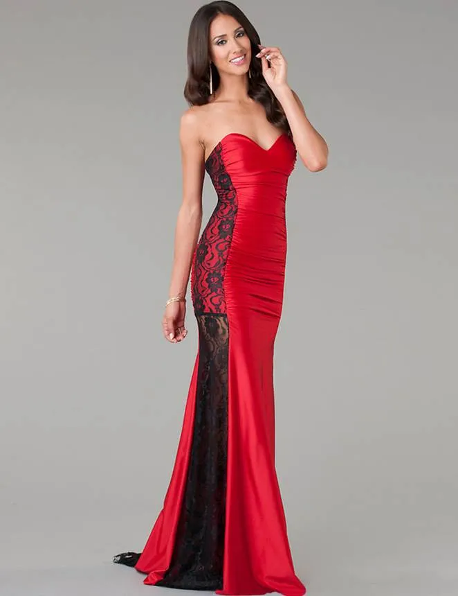 Long Strapless Ruffle Floral Red Prom Dresses