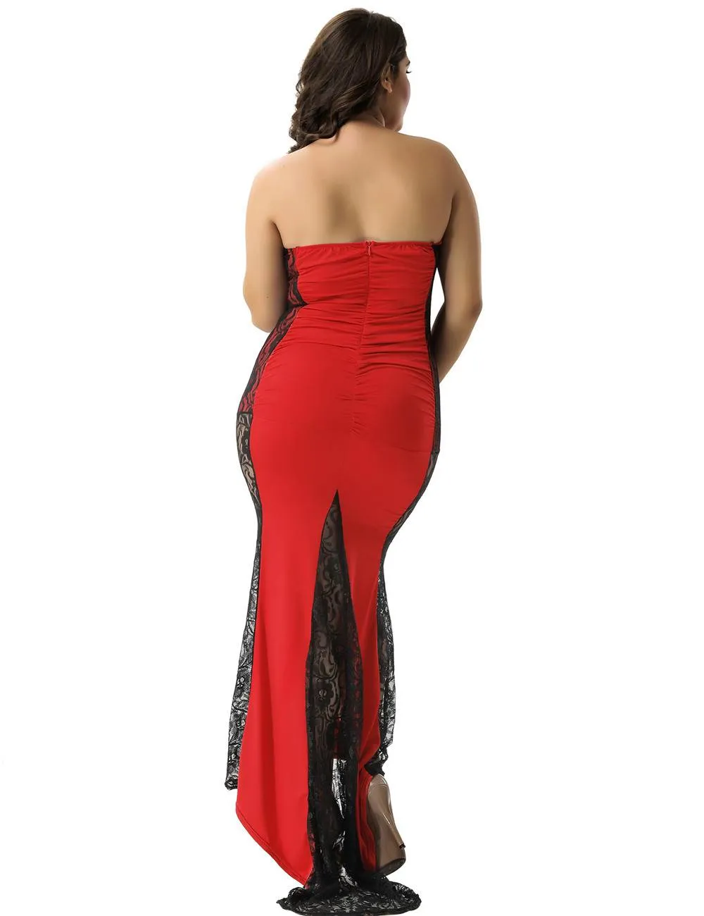Long Strapless Ruffle Floral Red Prom Dresses