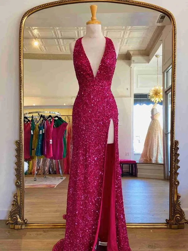 Long V Neck Halter Sequin Prom Dresses 2025 Red Evening Gown with Split