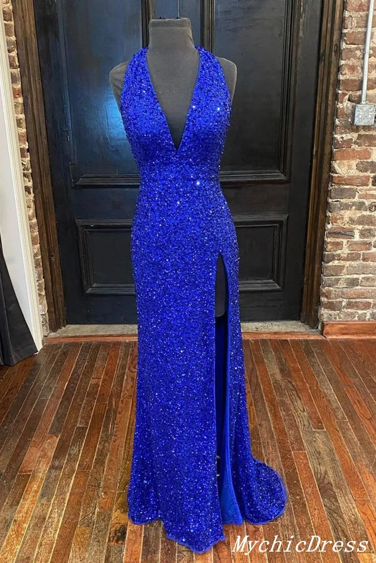 Long V Neck Halter Sequin Prom Dresses 2025 Red Evening Gown with Split