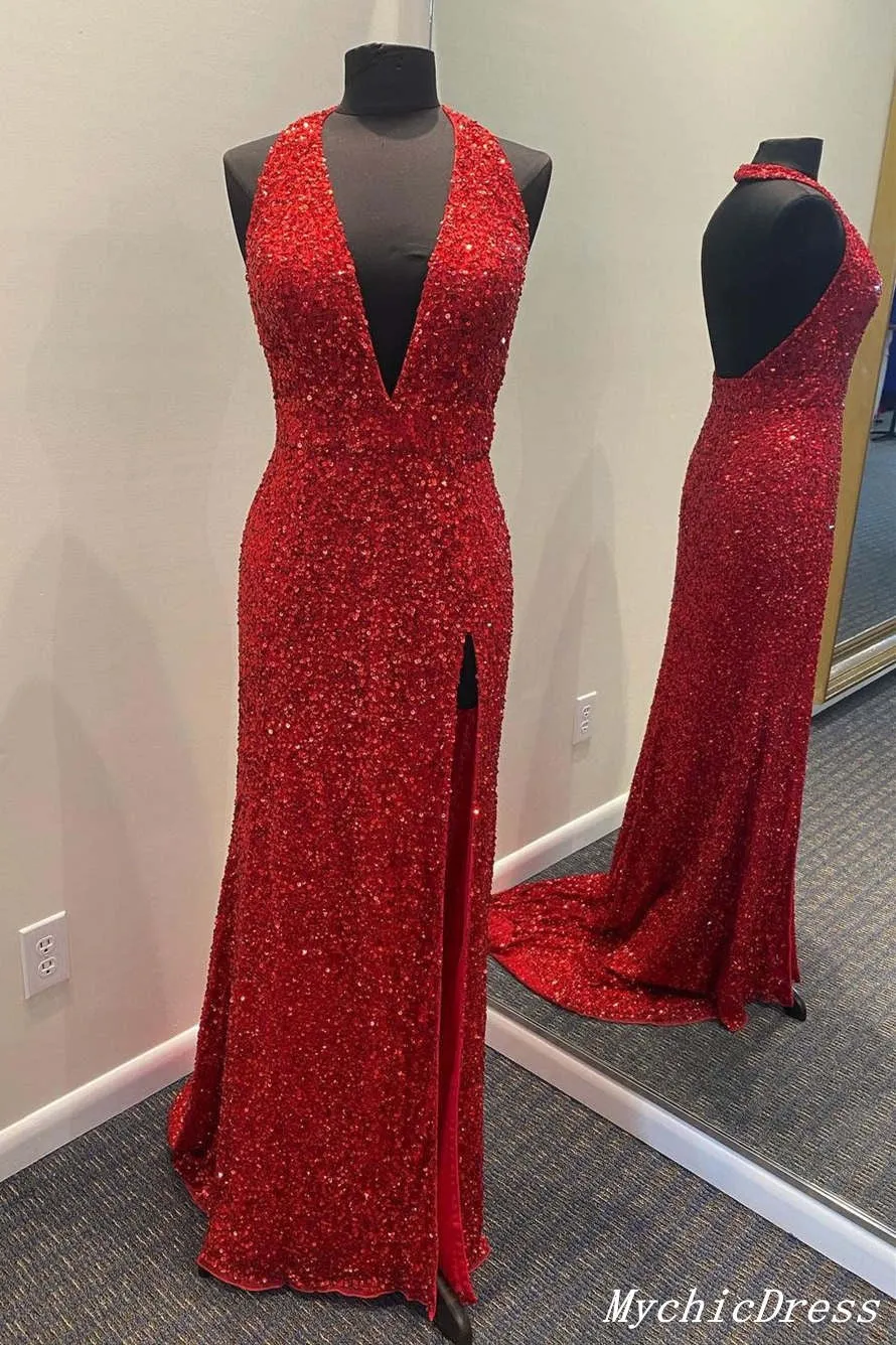 Long V Neck Halter Sequin Prom Dresses 2025 Red Evening Gown with Split