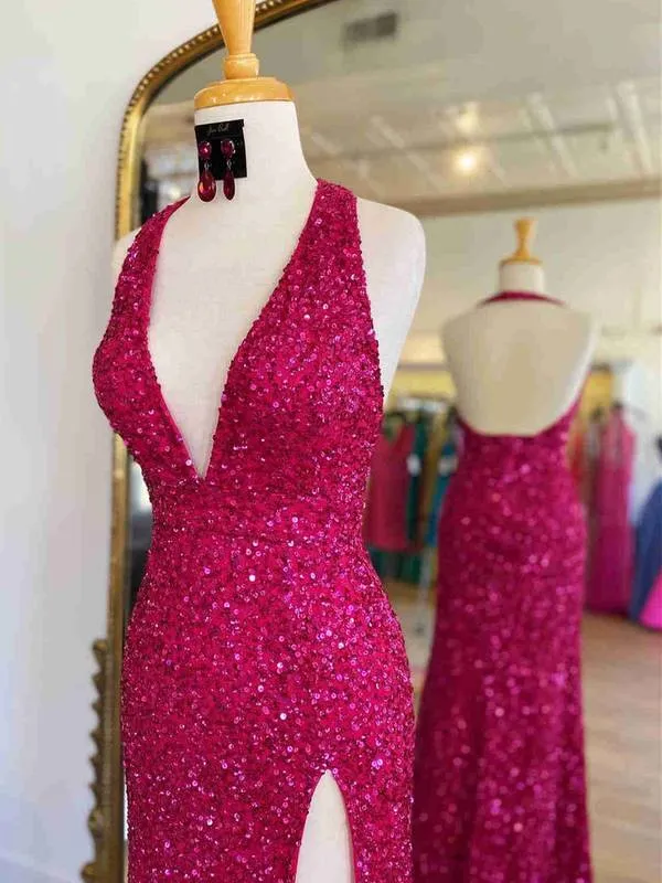 Long V Neck Halter Sequin Prom Dresses 2025 Red Evening Gown with Split