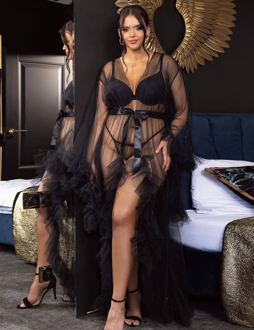 Long White Sexy Ruffled Trumpet Sleeves Robe Egypt With Belt