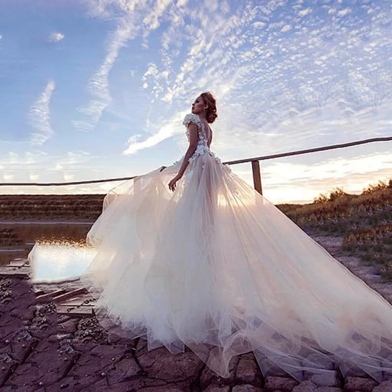 Luxury Tulle A-line Wedding Dress Sexy And Sophisticated Backless Featuring  3D Lace Flowers