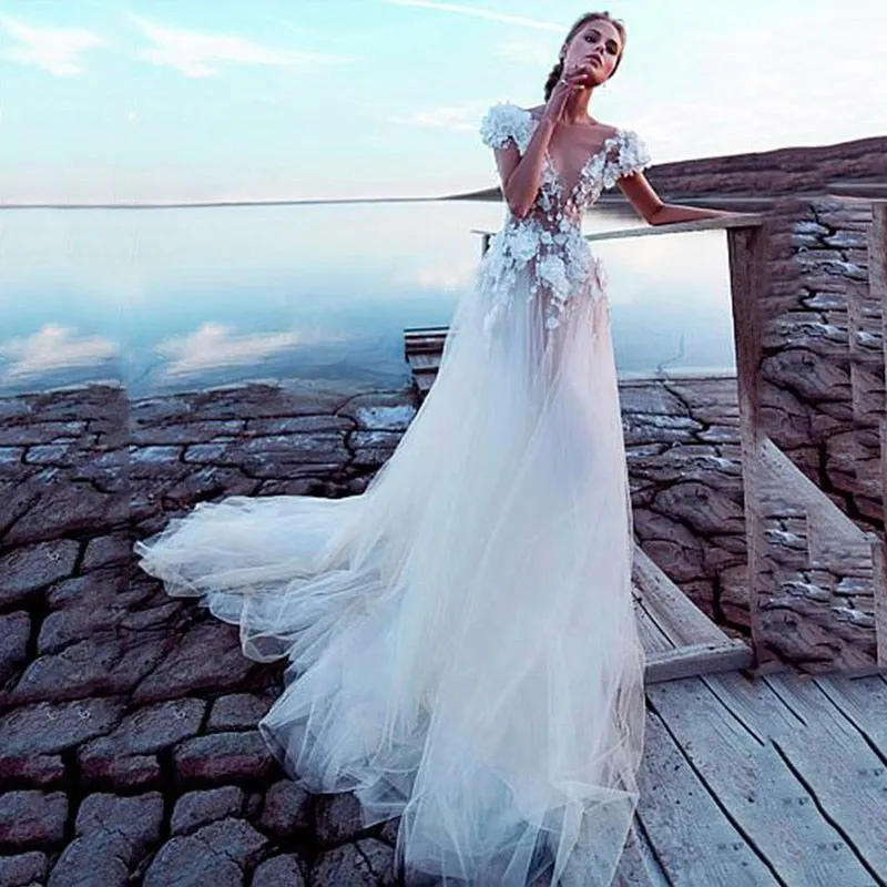Luxury Tulle A-line Wedding Dress Sexy And Sophisticated Backless Featuring  3D Lace Flowers