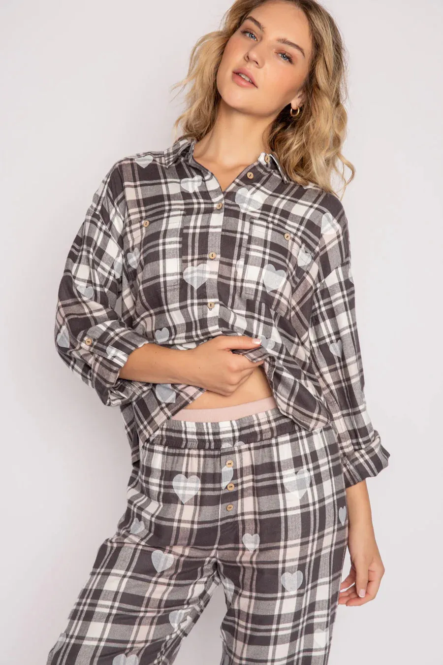 MAD FOR PLAID LONG SLEEVE TOP-  RKMPLS-CHARCOAL