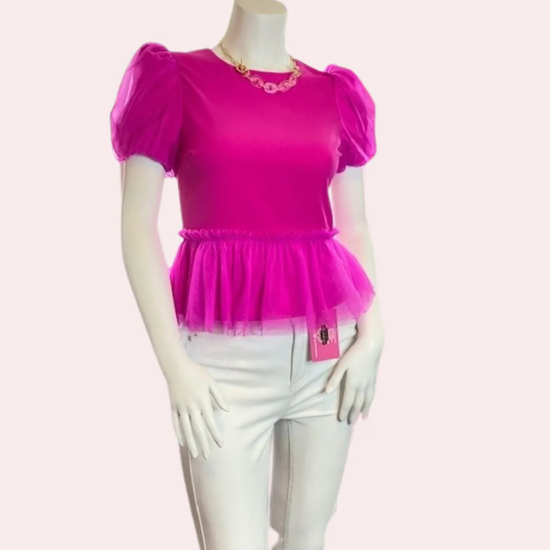 Magenta mesh ruffle top