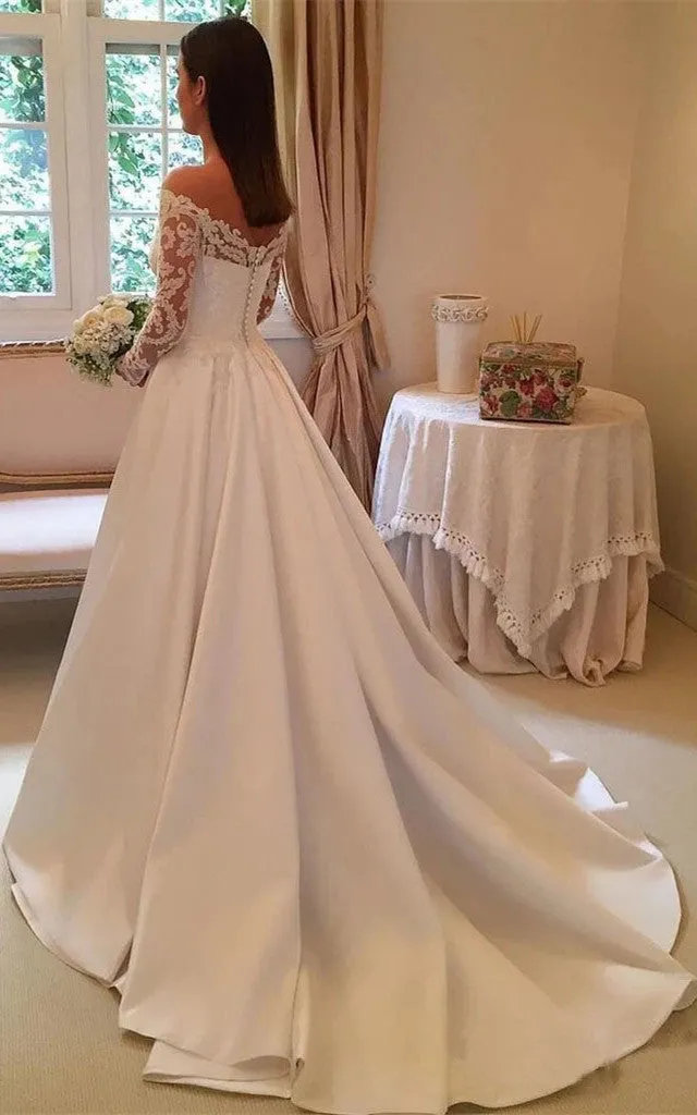 Magnificent A Line Chapel Train Satin Wedding Dress with Appliques-716311