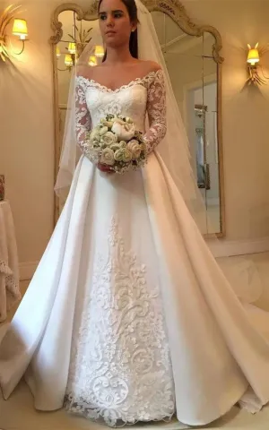 Magnificent A Line Chapel Train Satin Wedding Dress with Appliques-716311