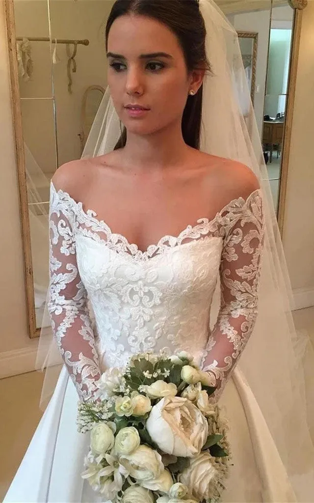 Magnificent A Line Chapel Train Satin Wedding Dress with Appliques-716311