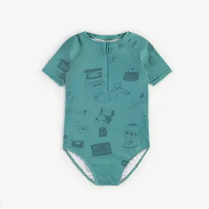 Maillot une-pièce turquoise à motifs à manches courtes, enfant || Turquoise one-piece swimsuit with short sleeves, child