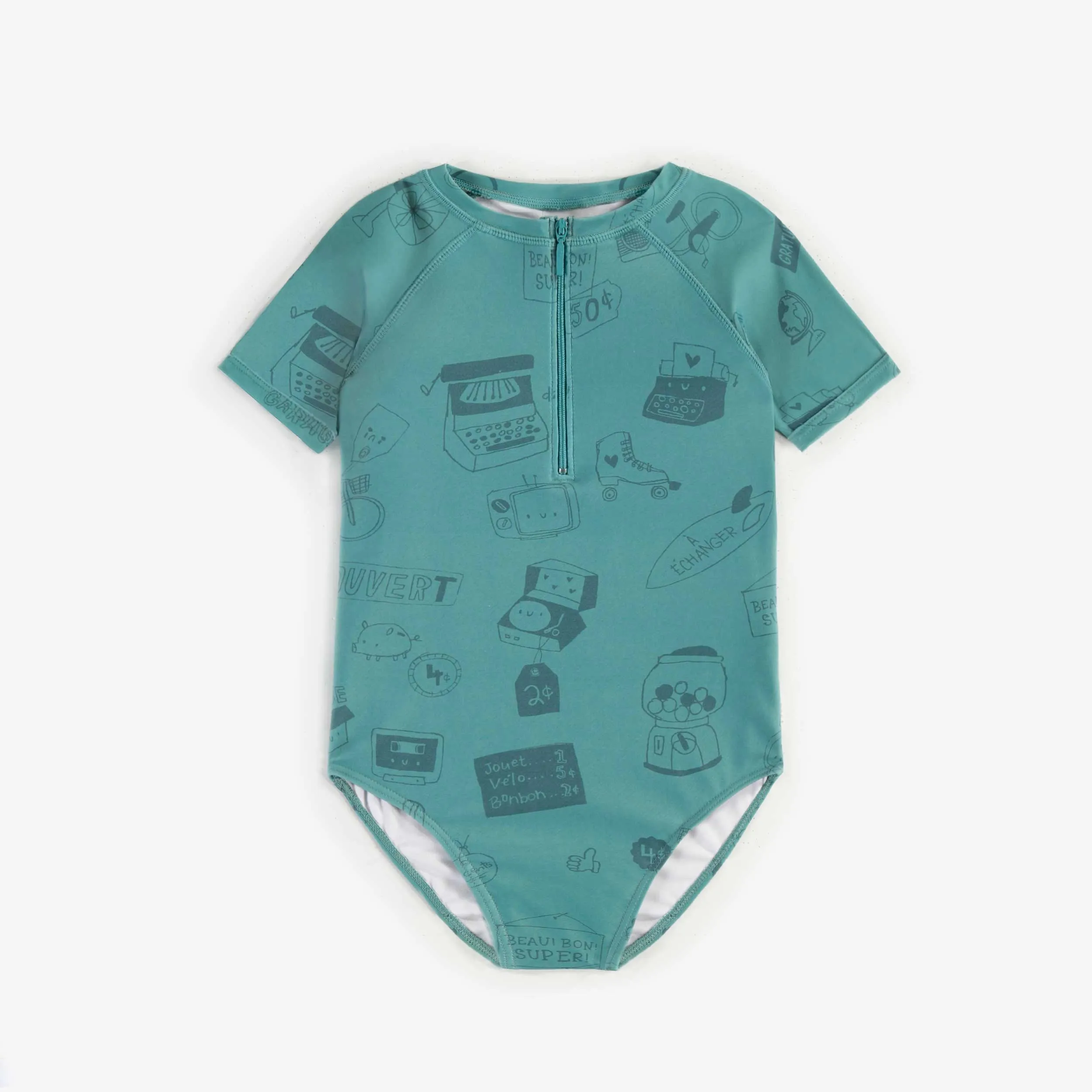 Maillot une-pièce turquoise à motifs à manches courtes, enfant || Turquoise one-piece swimsuit with short sleeves, child
